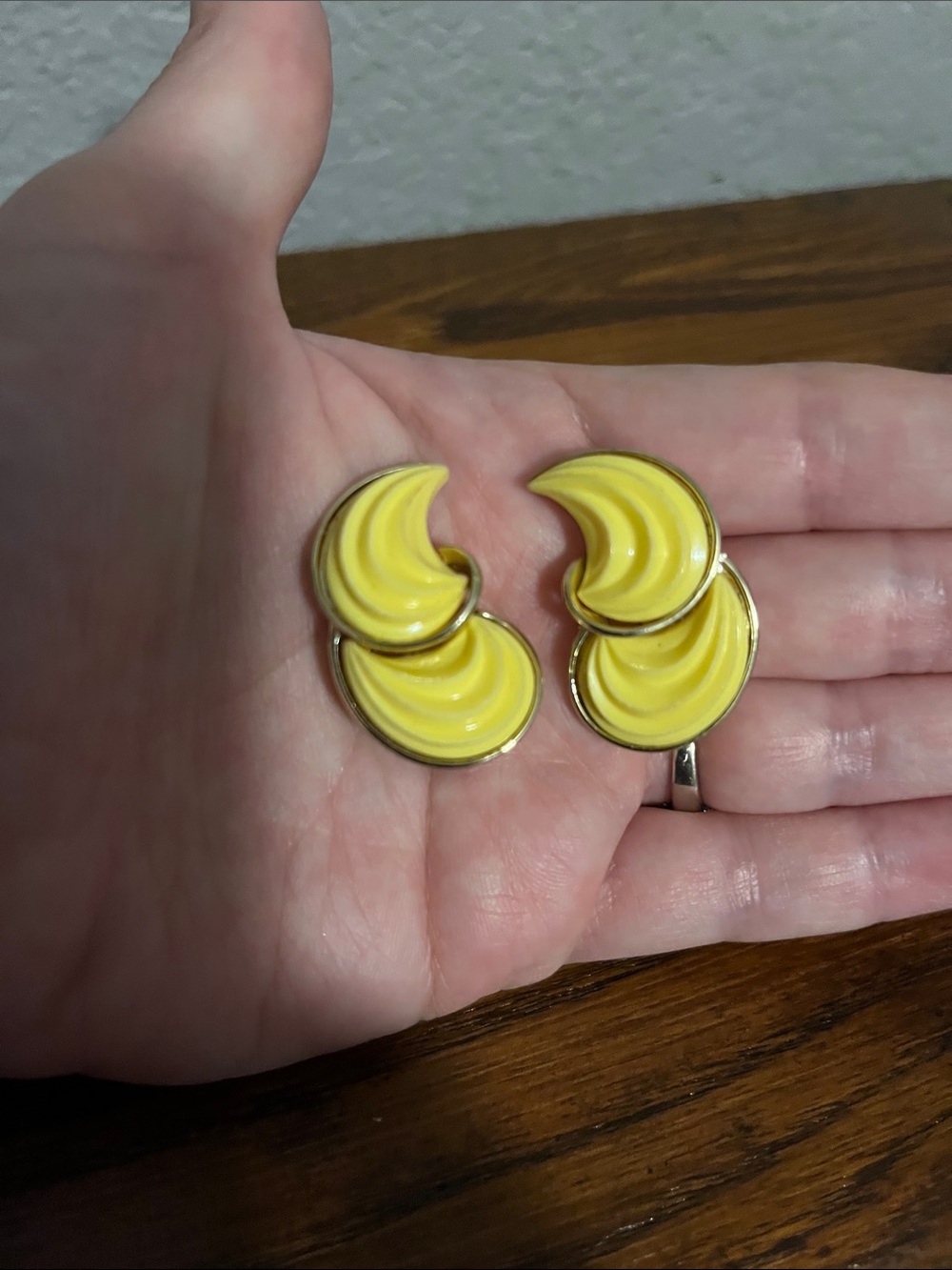 Mid-Century Modern, Yellow Crescent Double Drop Clip On Earrings - Women Jewelry